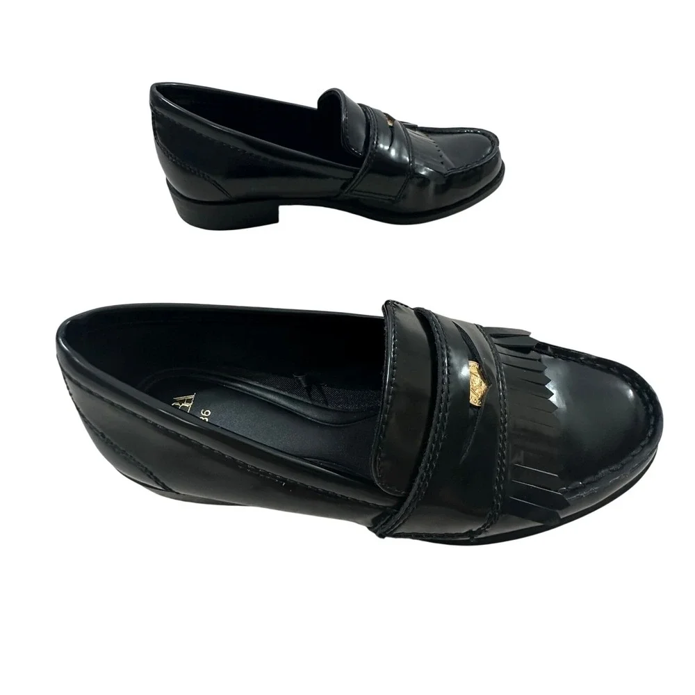Zara Black Patent Kiltie Penny Loafers Gold Crest Fringe EUR 36 US 6 Womens‎